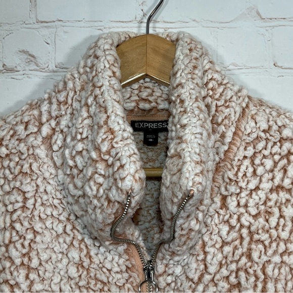 Express Sherpa Sweatshirt Womens Medium Tan Fluffy Fuzzy Oversized Quarter Zip - Picture 3 of 13